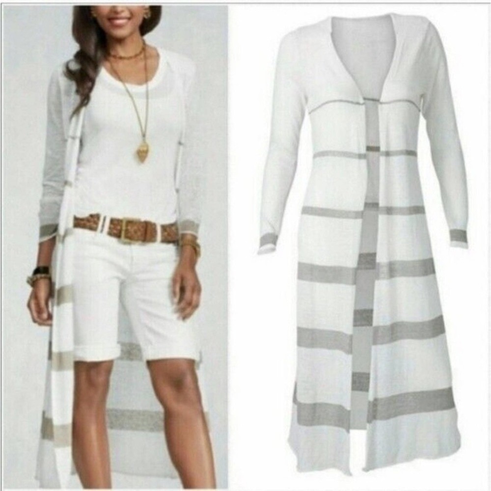 Cabi Taupe White Striped Bon Voyage Rivera Linen Duster Cardigan‎ Women's  M